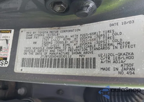 2004 Lexus Gx 470 from USA, damaged, VIN JTJBT20X040030112